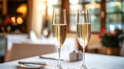 Two glasses of champagne on a beautifully set table in a private dining room. generative ai