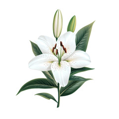 Fototapeta premium Exquisite white lily flower in full bloom with green leaves on a pristine white background This beautiful delicate and fragrant floral image evokes a sense of purity elegance and natural serenity