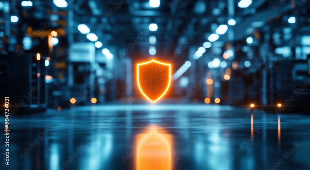 Poster glowing orange neon cyber shield icon floating and reflecting in a modern futuristic industrial ware