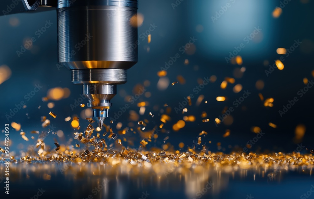 Poster high precision metalworking machine cutting and sparking in industrial factory setting showcasing au