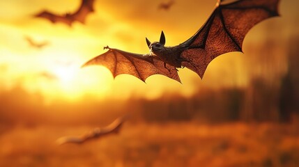 Naklejka premium Flying Bat Silhouette Against Dramatic Sunset Sky for Halloween Background