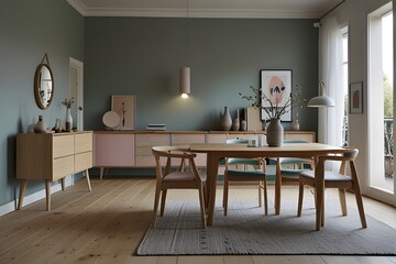 Scandinavian. pastel colors, light wood furniture, and open space.