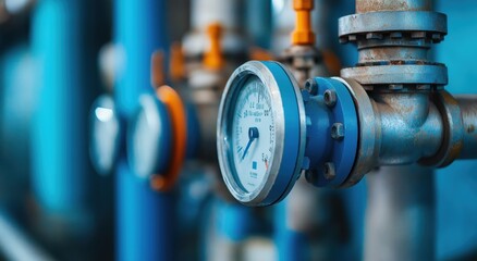 Industrial pressure gauge displaying accurate measurement data in valve pipeline system  Monitoring and management of energy resources gas oil or water flow in manufacturing or factory setting