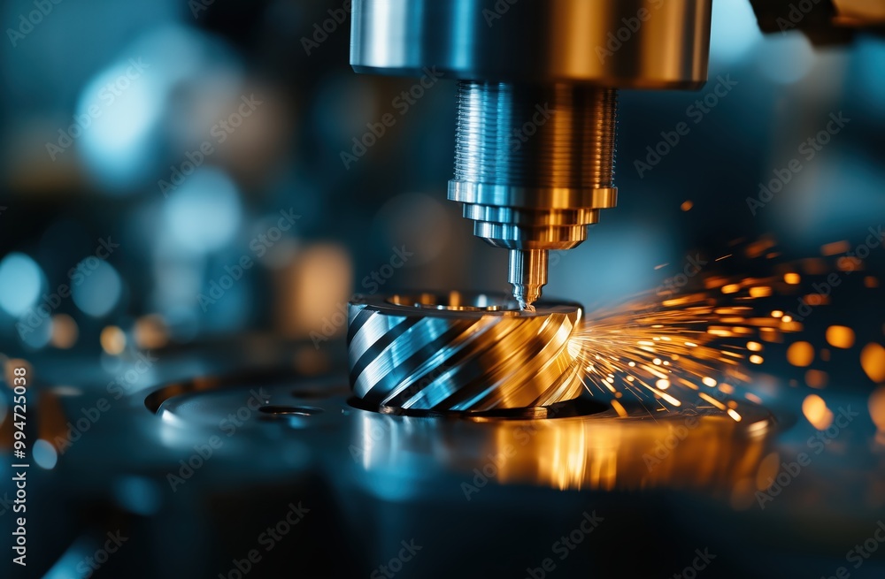 Poster sparks flying from a high precision metal cutting machine in an industrial production workshop demon