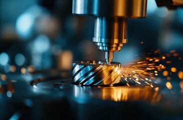 Sparks flying from a high precision metal cutting machine in an industrial production workshop demonstrating the automated manufacturing process and technological capabilities