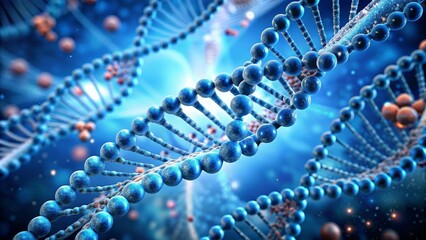 Multiple dna strands rotating on a blue background with red genetic code