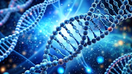 Multiple dna strands rotating on a blue background with red genetic code