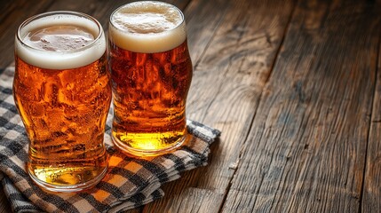 Two Glasses of Beer on Wooden Table with Checkered Napkin