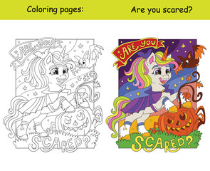 Halloween coloring with color sample unicorn and bat vector