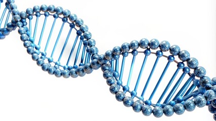 Multiple dna strands rotating on a blue background with red genetic code