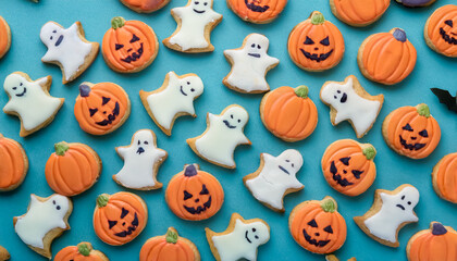 Fototapeta premium Pumpkin candy, cookies, cream, Halloween, concept, homemade, season, fall, harvest, bright atmosphere, orange, top