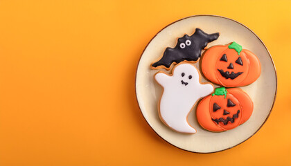pumpkin candy, ghost, bat, cookie, cream, dish, Halloween, concept, handmade, cute, season, fall, harvest, bright atmosphere, orange, copy space, top