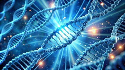 Multiple dna strands rotating on a blue background with red genetic code