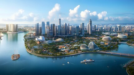 Fototapeta premium Aerial View of Modern Cityscape with Gardens by the Bay and Boats