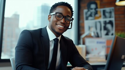 Fototapeta premium A cheerful businessman in a stylish suit smiles during a customer call in a vibrant, modern office.