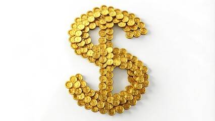 Obraz premium Dollar sign is lying on a white background, made of many gold coins