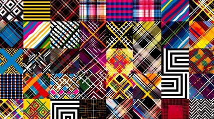 Obraz premium Geometric tribal design plaid and argyle patterns blended with zigzag and chevron motifs in a bold colorful composition