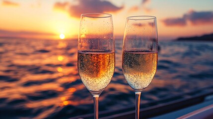 Two glasses of sparkling wine on a yacht at sunset generative ai