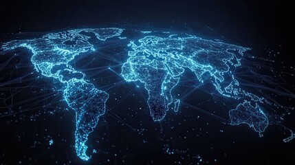 Futuristic digital world map with glowing lines and connections representing global network, technology, and communication.