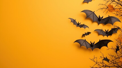 Halloween Bats Flying on Yellow Background with Branches