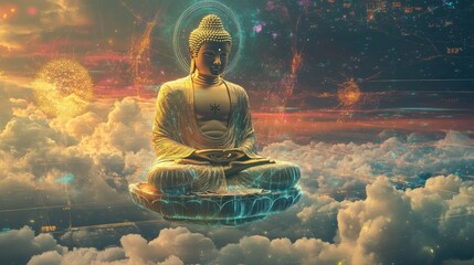 Floating golden Lord Buddha above clouds, with a vibrant futuristic background featuring cosmic...