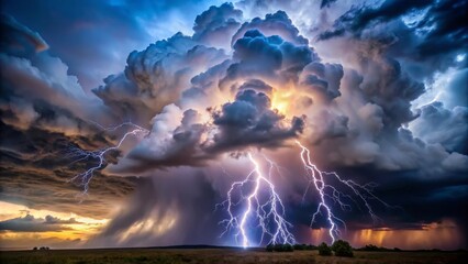 Multiple lightning bolts are illuminating a stormy sky over a field at sunset
