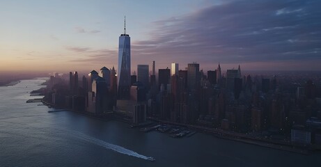 Obraz premium An aerial view of the New York City skyline at sunrise with a boat leaving a trail in the water.