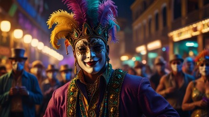 Obraz premium Colorful Mardi Gras revelers in intricate costumes and masks at a vibrant street carnival