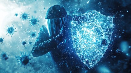 Virus Defense. Automated immunity system establishing conditional barrier, persistently guarding body from environmental viruses, maintaining defense despite continuous presence of viral challenges.