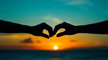Two hands intertwined, silhouetted against the backdrop of a sunrise. generative ai