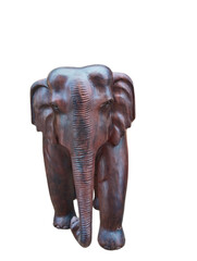 The image shows a brown elephant statue with intricate details. It is standing upright with its trunk raised and its ears outstretched.
