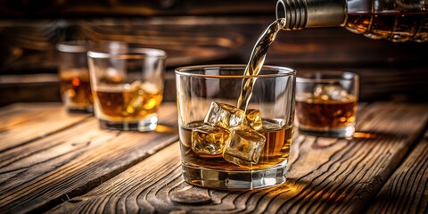 Whisky being poured into a glass with ice on a rustic wooden table – close-up