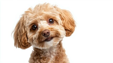 A small dog with a pink face and brown hair is smiling