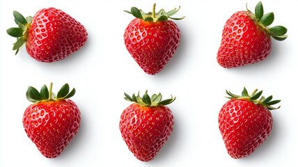 A close up of six red strawberries