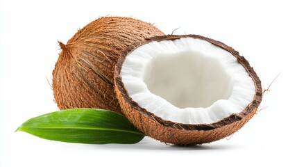 A half cut coconut with a green leaf next to it