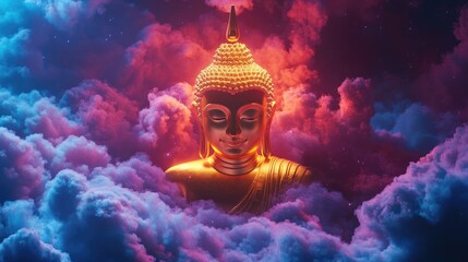 Majestic floating golden Buddha image, set against a glowing futuristic background with vibrant colors and cosmic details, above the clouds