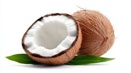 A half cut coconut with a green leaf on top
