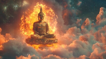 Majestic floating golden Buddha image, set against a glowing futuristic background with vibrant colors and cosmic details, above the clouds