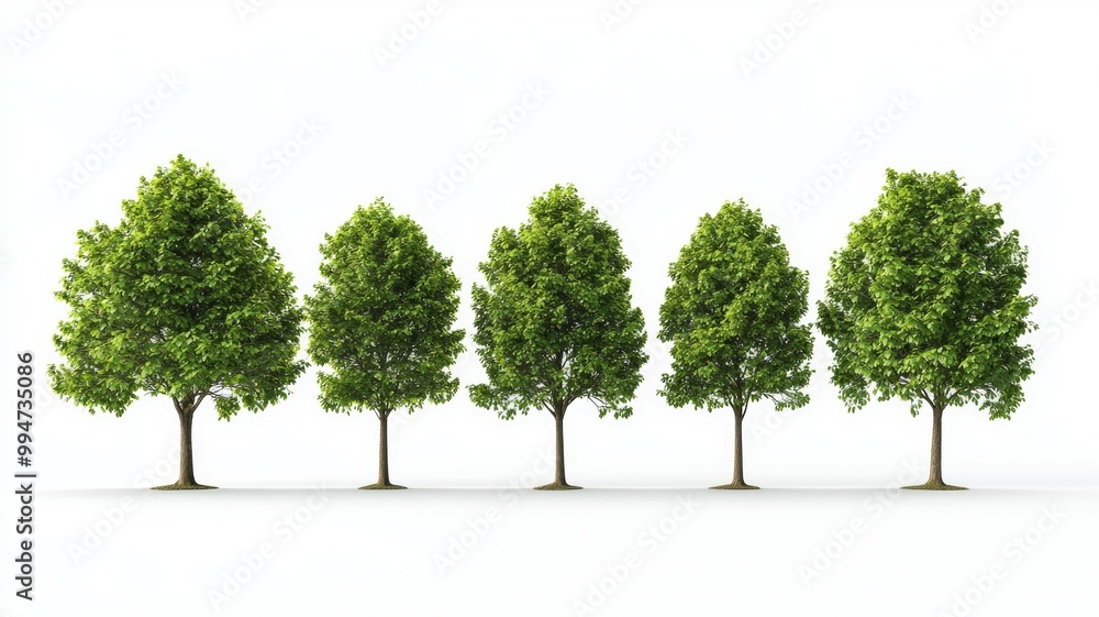 Poster a row of five trees are lined up on a white background