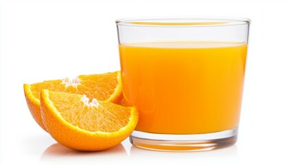 A glass of orange juice is next to a peeled orange