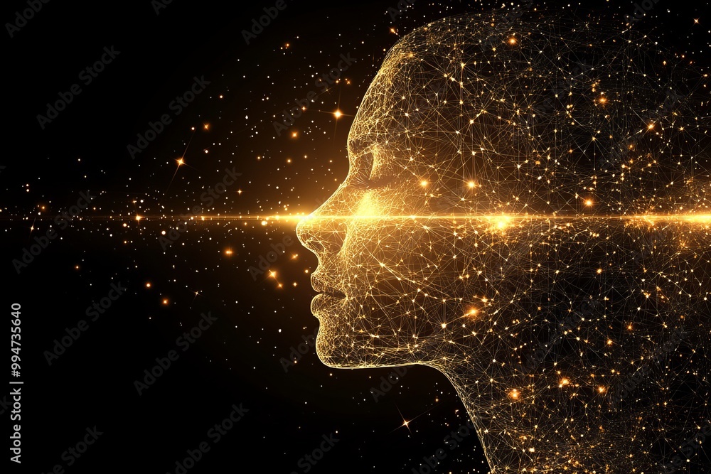 Poster abstract glowing golden head with sparks symbolizing data driven technology communication and futuri
