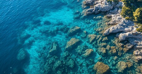 Crystal clear turquoise water laps against rocky shores in a scenic coastal view.