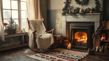 Fototapeta premium Vintage winter interior with a rocking chair, crocheted blankets, and a small fireplace generative ai