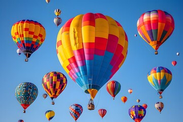 Obraz premium Colorful Hot Air Balloons Flying in Blue Sky. Aerial View of a Balloon Festival