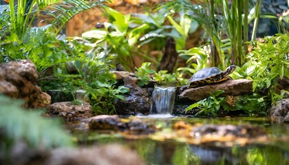 Tropical turtle tank with a waterfall and lush greenery