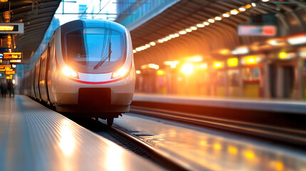 modern commuter train arrives at bustling station during sunrise.