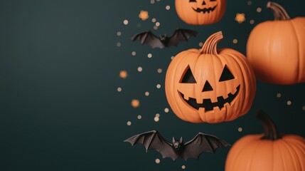 Halloween Pumpkins and Bats Floating in Night Sky with Stars