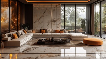 Luxe modern livingroom with marble surfaces and metallic accents
