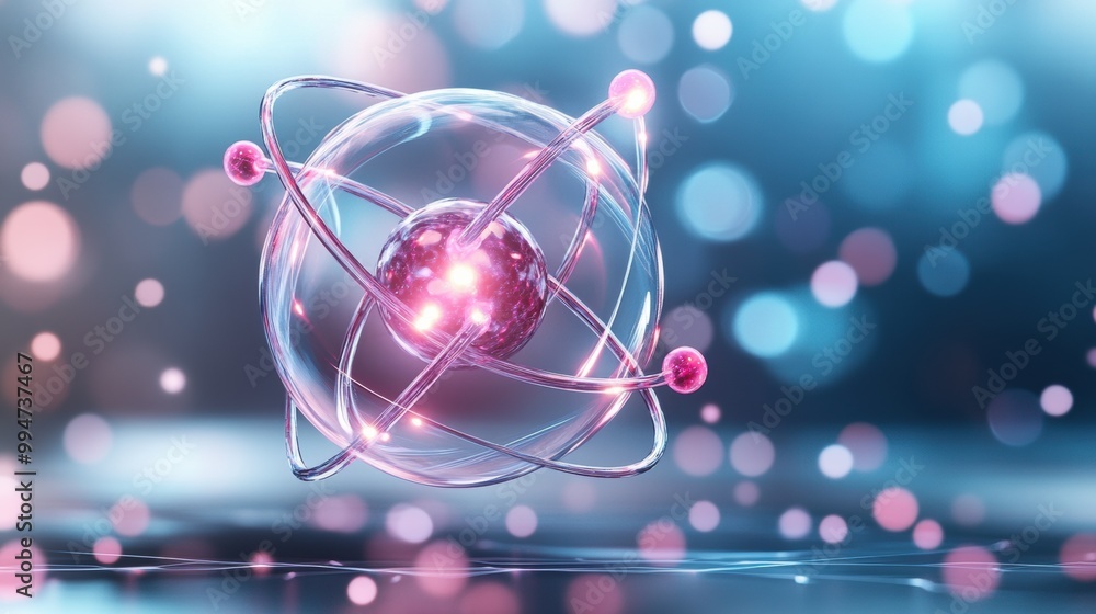 Poster 3d atomic structure with glowing particles and bokeh effects