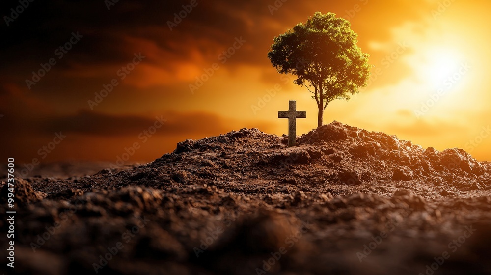 Wall mural lonely tomb cross and tree on a rocky hilltop at sunset